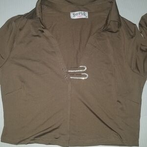 NWT Brown Women's Top With Large Bling Safety Pins On Front